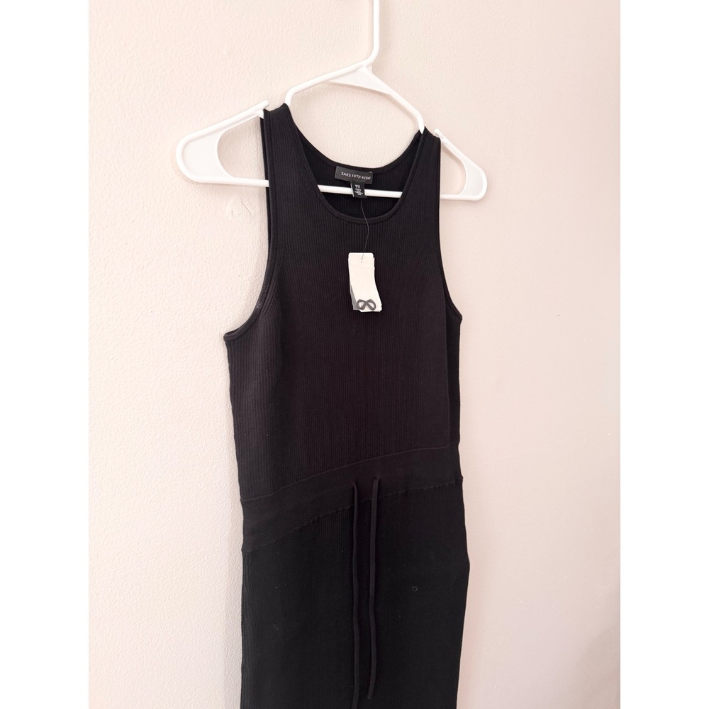 Saks Fifth Avenue Black Ribbed Midi Tank Dress Sleeveless Drawstring Waist S - Picture 2 of 7